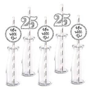 25th anniversary straw decor, 24-pack silver 25th anniversary party supply decorations, paper decorative straws