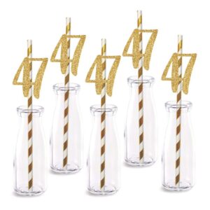 47th birthday paper straw decor, 24-pack real gold glitter cut-out numbers happy 47 years party decorative straws