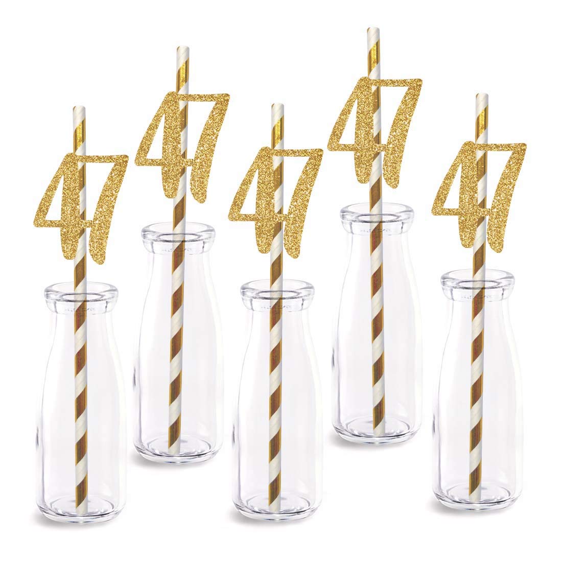 47th Birthday Paper Straw Decor, 24-Pack Real Gold Glitter Cut-Out Numbers Happy 47 Years Party Decorative Straws