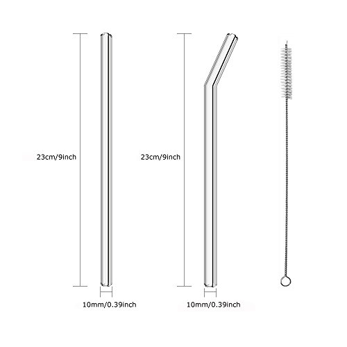 Glass Straws Drinking 9 in x 10mm 2 Bent & 2 Straight Smoothie Reusable Straw 4 Pack with Cleaning Brush