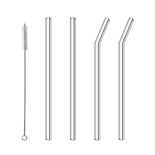 Glass Straws Drinking 9 in x 10mm 2 Bent & 2 Straight Smoothie Reusable Straw 4 Pack with Cleaning Brush