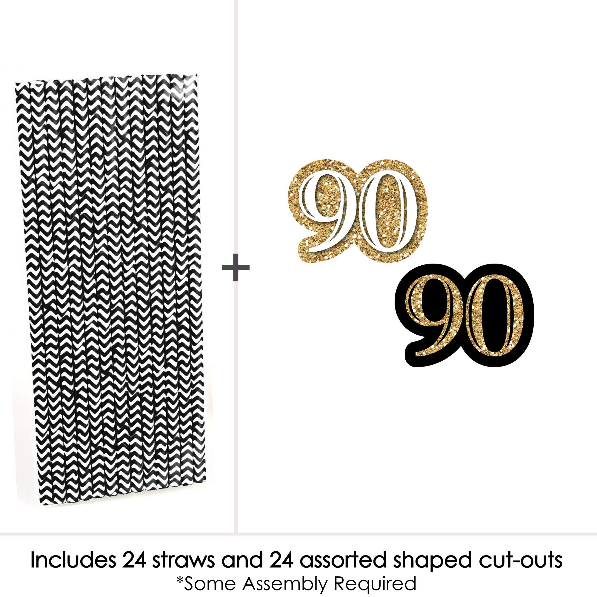 Adult 90th Birthday - Gold - Paper Straw Decor - Birthday Party Striped Decorative Straws - Set of 24