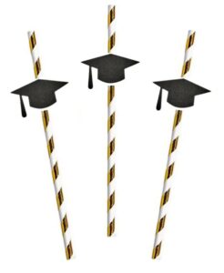 24 set of gold paper straws with black graduation hat for graduation party decoration (black2)