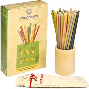 vinastraws biodegradable cereal straws, 150 pcs multi colorful dringking straw with gift canvas bag, eco friendly compostable, alternative to plastic straws, green