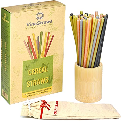 VinaStraws Biodegradable Cereal Straws, 150 pcs Multi Colorful Dringking Straw with Gift Canvas Bag, Eco Friendly Compostable, Alternative to Plastic Straws, Green