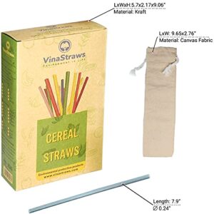 VinaStraws Biodegradable Cereal Straws, 150 pcs Multi Colorful Dringking Straw with Gift Canvas Bag, Eco Friendly Compostable, Alternative to Plastic Straws, Green