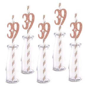 rose happy 39th birthday straw decor, rose gold glitter 24pcs cut-out number 39 party drinking decorative straws, supplies