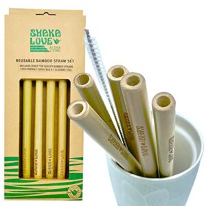 shaka love reusable bamboo drinking straw set 9 inch | 100% natural, biodegradable, eco, organic | cleaning brush & cotton carry pouch | juice, smoothies, shakes, coffee, aloha cocktails | 5 pack
