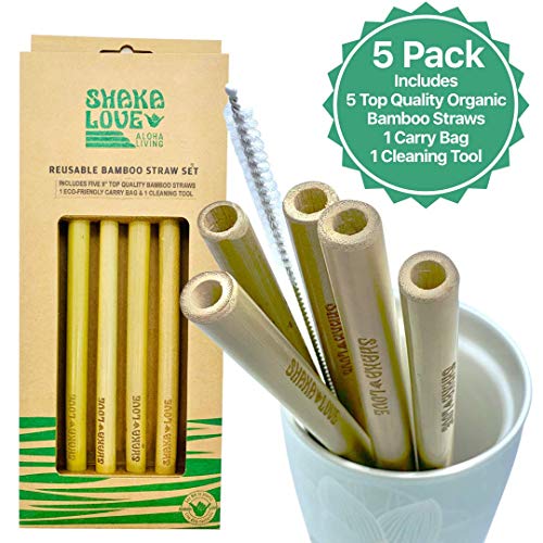 SHAKA LOVE Reusable Bamboo Drinking Straw Set 9 Inch | 100% Natural, Biodegradable, Eco, Organic | Cleaning Brush & Cotton Carry Pouch | Juice, Smoothies, Shakes, Coffee, ALOHA Cocktails | 5 Pack
