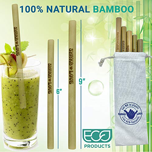 SHAKA LOVE Reusable Bamboo Drinking Straw Set 9 Inch | 100% Natural, Biodegradable, Eco, Organic | Cleaning Brush & Cotton Carry Pouch | Juice, Smoothies, Shakes, Coffee, ALOHA Cocktails | 5 Pack