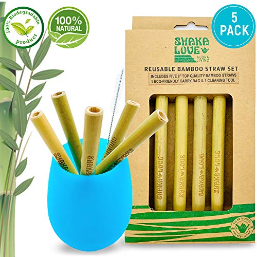 SHAKA LOVE Reusable Bamboo Drinking Straw Set 9 Inch | 100% Natural, Biodegradable, Eco, Organic | Cleaning Brush & Cotton Carry Pouch | Juice, Smoothies, Shakes, Coffee, ALOHA Cocktails | 5 Pack