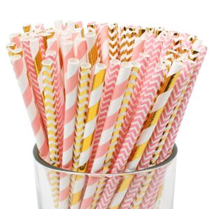just artifacts premium disposable drinking paper straws (100pcs, pink & gold 3)