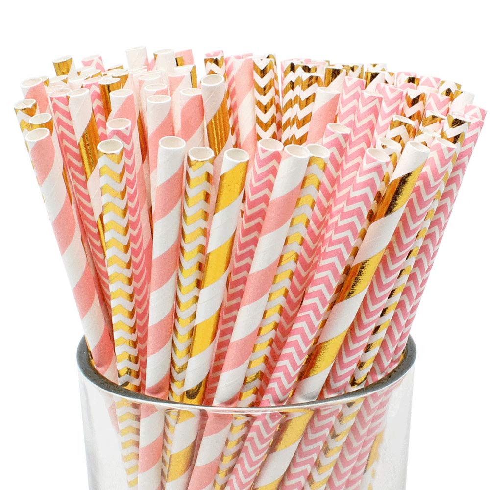 Just Artifacts Premium Disposable Drinking Paper Straws (100pcs, Pink & Gold 3)