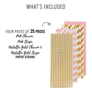 Just Artifacts Premium Disposable Drinking Paper Straws (100pcs, Pink & Gold 3)