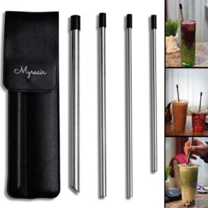 myracir reusable stainless steel drinking straws w/elegant vegan leather travel case | 4 straws + 4 silicone tips + 2 cleaning brushes | 1 wide boba straw w/pointed end | 2 long straws | 1 short straw