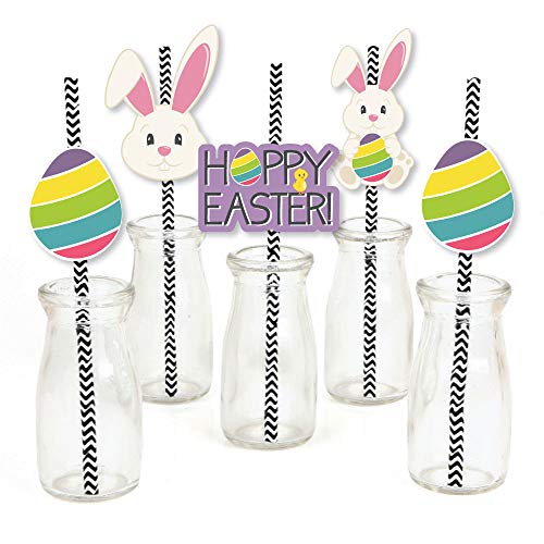 Hippity Hoppity Paper Straw Decor - Easter Bunny Party Striped Decorative Straws - Set of 24