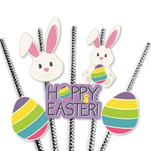 Hippity Hoppity Paper Straw Decor - Easter Bunny Party Striped Decorative Straws - Set of 24