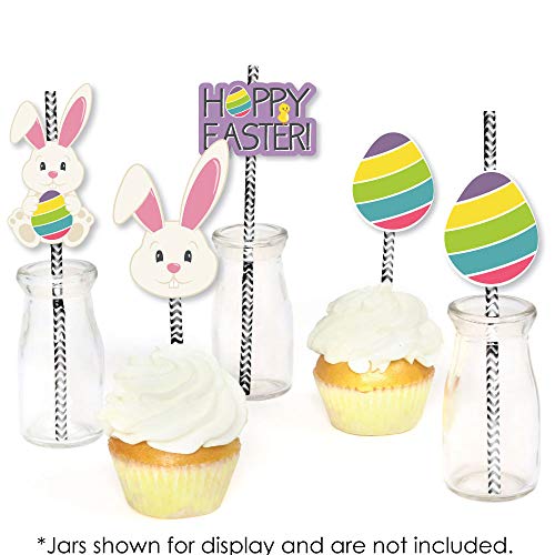 Hippity Hoppity Paper Straw Decor - Easter Bunny Party Striped Decorative Straws - Set of 24