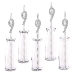 silver happy 9th birthday straw decor, silver glitter 24pcs cut-out number 9 party drinking decorative straws, supplies