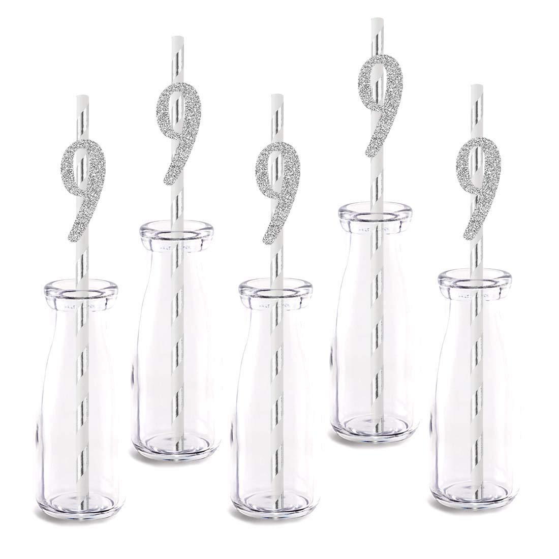 Silver Happy 9th Birthday Straw Decor, Silver Glitter 24pcs Cut-Out Number 9 Party Drinking Decorative Straws, Supplies