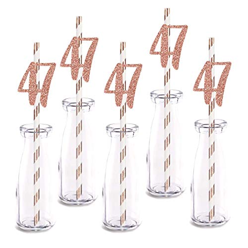 Rose Happy 47th Birthday Straw Decor, Rose Gold Glitter 24pcs Cut-Out Number 47 Party Drinking Decorative Straws, Supplies