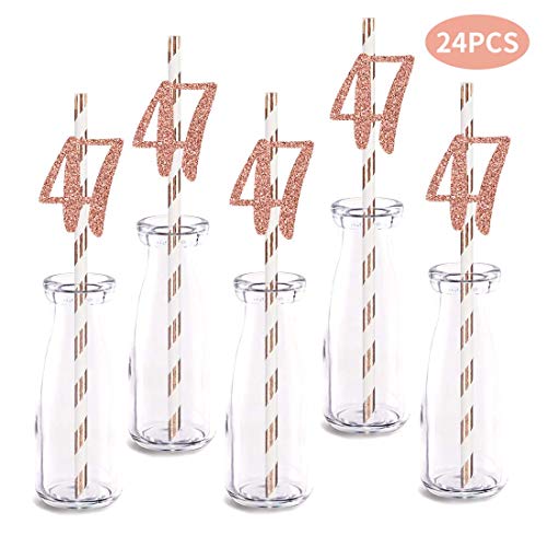 Rose Happy 47th Birthday Straw Decor, Rose Gold Glitter 24pcs Cut-Out Number 47 Party Drinking Decorative Straws, Supplies