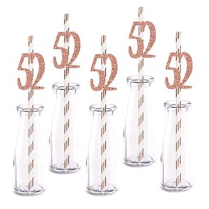 rose happy 52nd birthday straw decor, rose gold glitter 24pcs cut-out number 52 party drinking decorative straws, supplies
