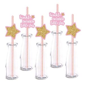 pink little star straw decor, 24-pack girl baby shower or birthday party decorations, paper decorative straws