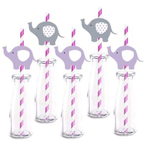 purple elephant party straw decor, 24-pack girl baby shower birthday party supply decorations, paper decorative straws