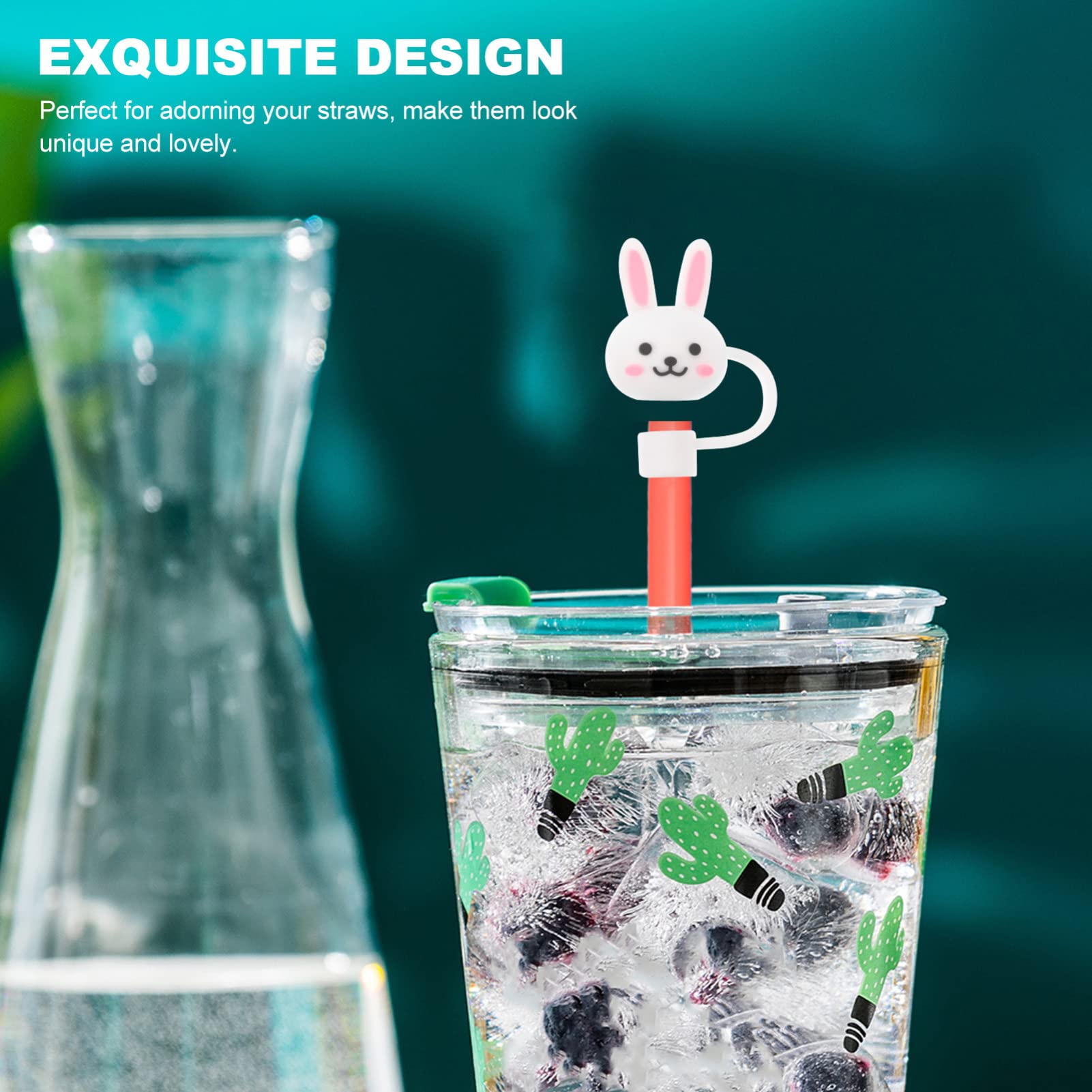 Abaodam 10Pcs Silicone Rabbit Straw Cap Covers Bunny Straw Topper Reusable Cute Straws Plugs Cartoon Drinking Straw Tips Lids