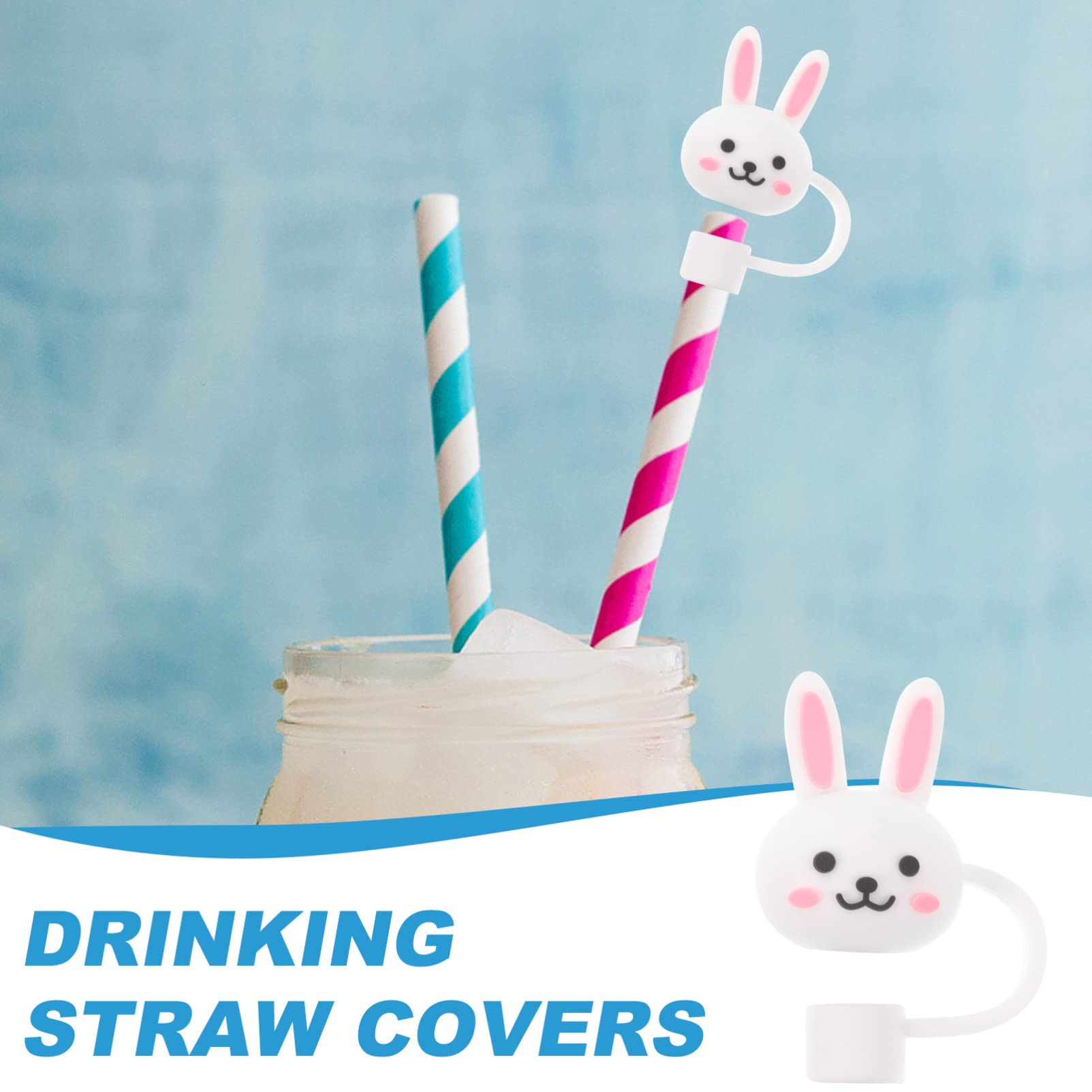 Abaodam 10Pcs Silicone Rabbit Straw Cap Covers Bunny Straw Topper Reusable Cute Straws Plugs Cartoon Drinking Straw Tips Lids