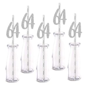 silver happy 64th birthday straw decor, silver glitter 24pcs cut-out number 64 party drinking decorative straws, supplies