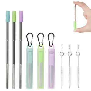 reignsword 3 pack reusable collapsible straws with silicone tip, telescopic portable stainless steel reusable keychain drinking straws with case, cleaning brush, for travel, school, picnic