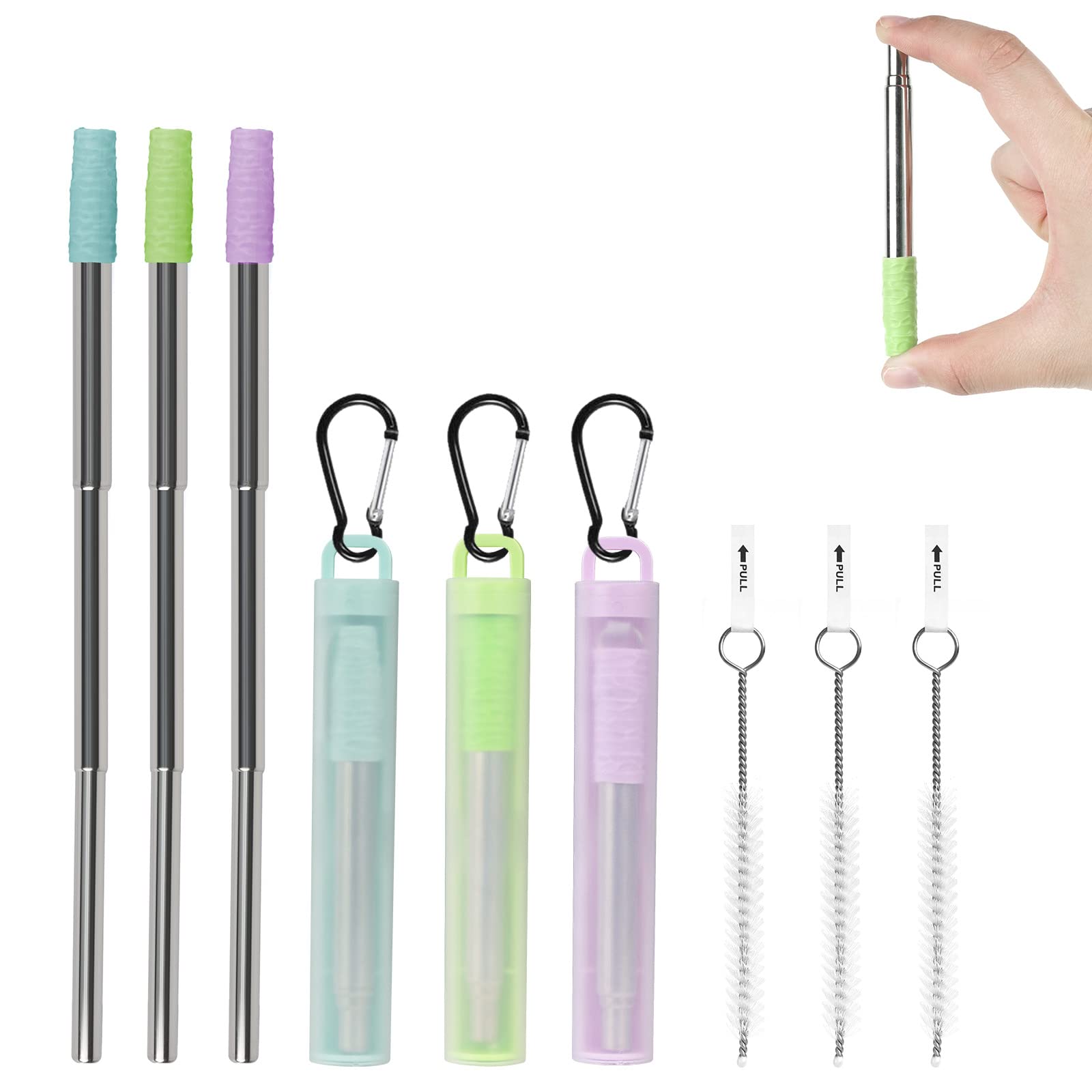 ReignSword 3 Pack Reusable Collapsible Straws with Silicone Tip, Telescopic Portable Stainless Steel Reusable Keychain Drinking Straws with Case, Cleaning Brush, for Travel, School, Picnic