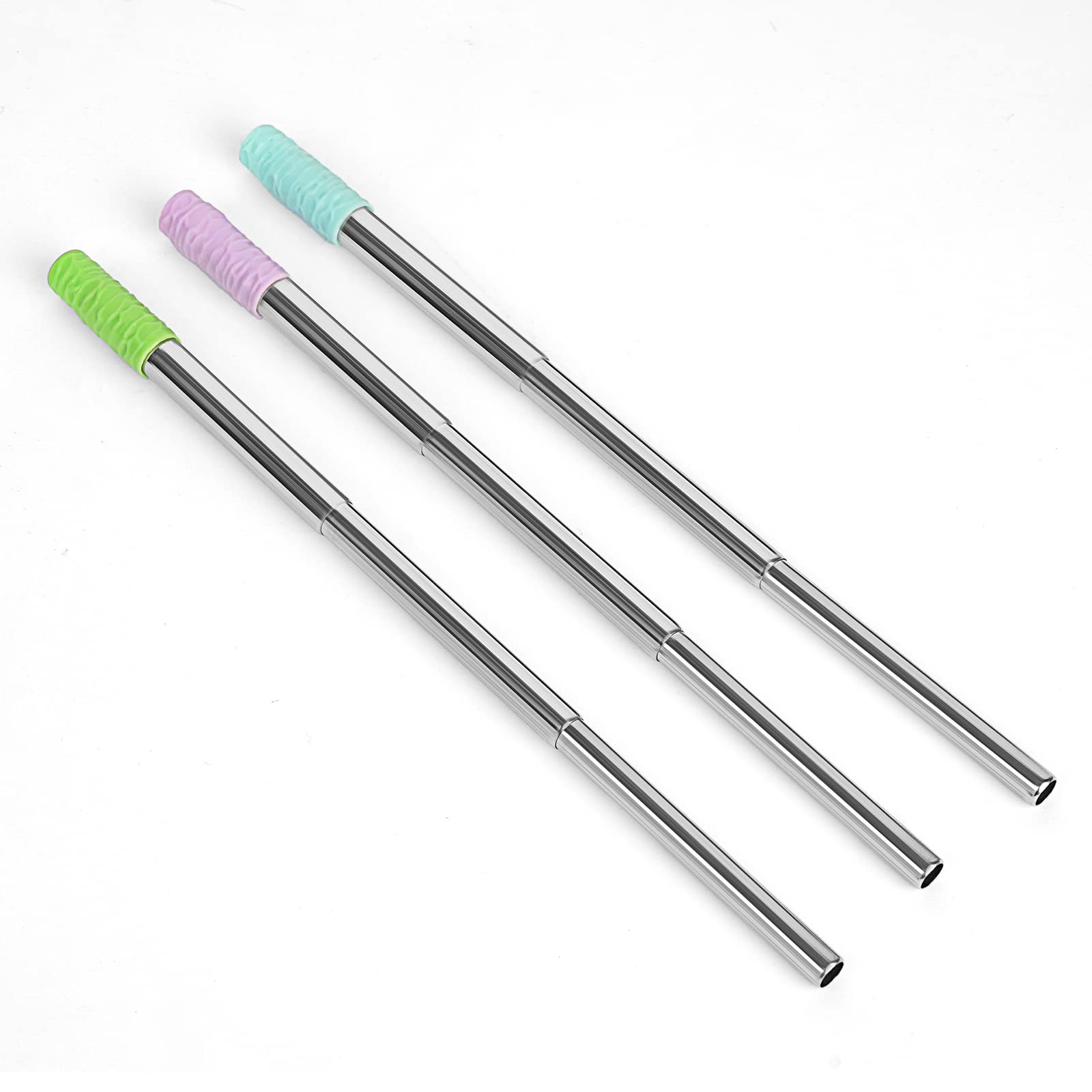 ReignSword 3 Pack Reusable Collapsible Straws with Silicone Tip, Telescopic Portable Stainless Steel Reusable Keychain Drinking Straws with Case, Cleaning Brush, for Travel, School, Picnic