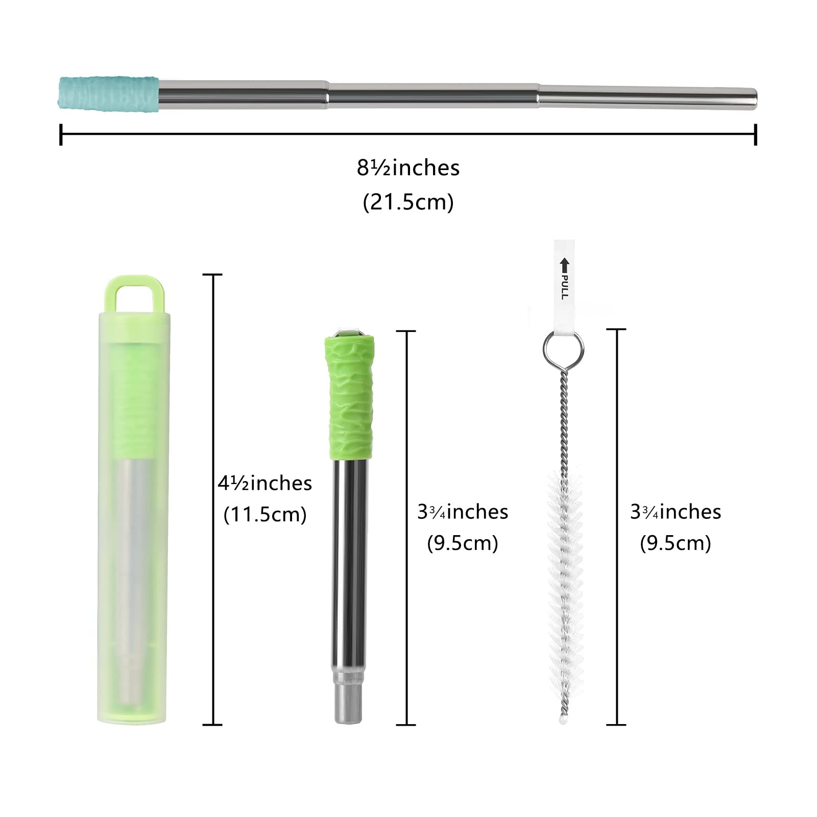 ReignSword 3 Pack Reusable Collapsible Straws with Silicone Tip, Telescopic Portable Stainless Steel Reusable Keychain Drinking Straws with Case, Cleaning Brush, for Travel, School, Picnic