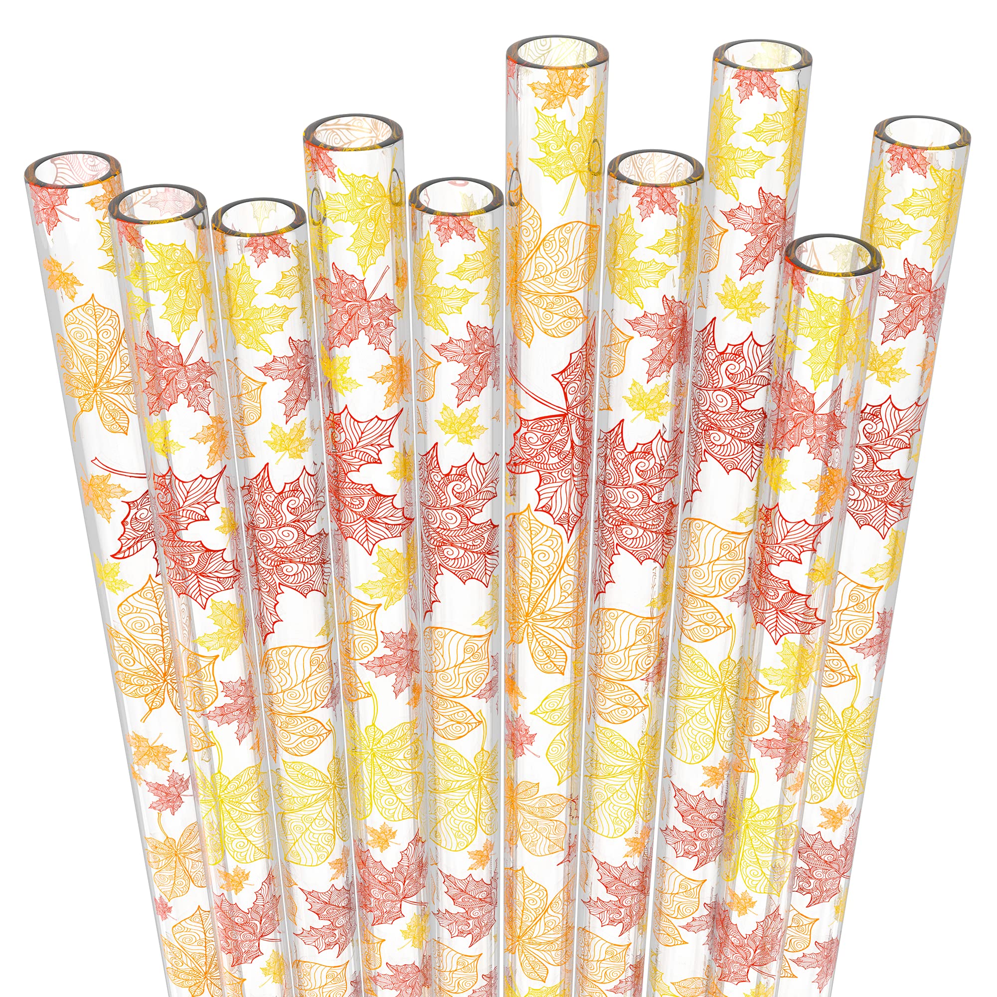 Fiesta First 10 Short Reusable Transparent Hard Plastic Drinking Straws, Fall Leaves Print Design + Sturdy Cleaning Brush - For Cocktails, Small Cups, Kids Drinks - BPA Free