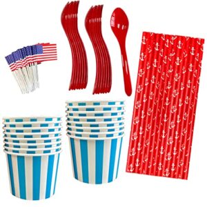 red white and blue ice cream sundae kit - 4th of july party - 12 ounce blue stripe paper treat cups - plastic spoons - american flag picks - paper straws - 16 each