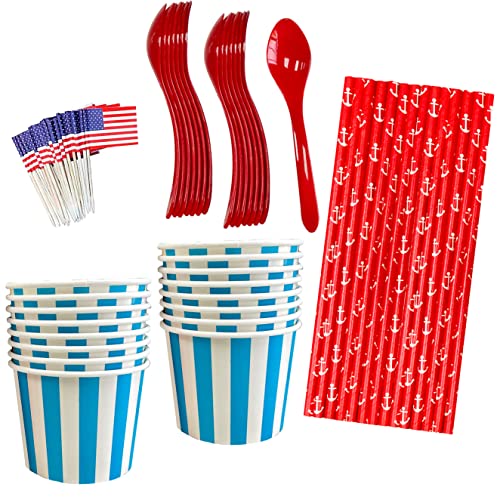 Red White and Blue Ice Cream Sundae Kit - 4th of July Party - 12 Ounce Blue Stripe Paper Treat Cups - Plastic Spoons - American Flag Picks - Paper Straws - 16 Each