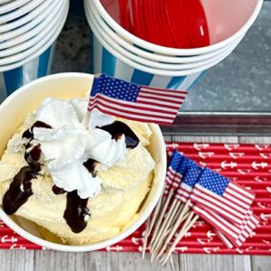 Red White and Blue Ice Cream Sundae Kit - 4th of July Party - 12 Ounce Blue Stripe Paper Treat Cups - Plastic Spoons - American Flag Picks - Paper Straws - 16 Each
