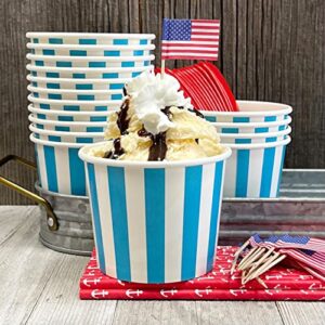 Red White and Blue Ice Cream Sundae Kit - 4th of July Party - 12 Ounce Blue Stripe Paper Treat Cups - Plastic Spoons - American Flag Picks - Paper Straws - 16 Each