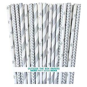 outside the box papers silver stripe, chevron and star paper straws 7.75 inches 75 pack silver, white