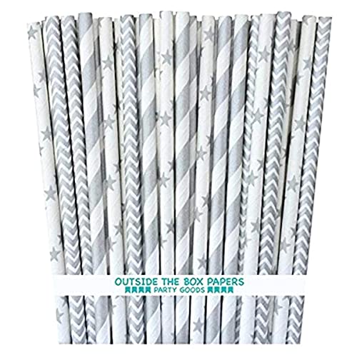 Outside the Box Papers Silver Stripe, Chevron and Star Paper Straws 7.75 Inches 75 Pack Silver, White