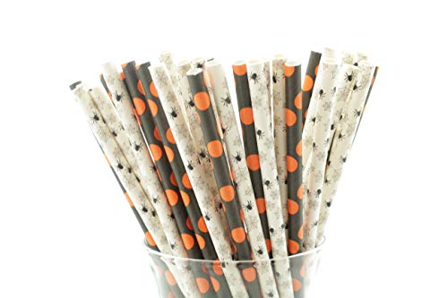 Halloween Spider and Dots Party Paper Straws | 50 Pack | Halloween Party Supplies and Decor | Black and Orange Premium Paper Straws