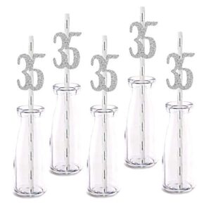 silver happy 35th birthday straw decor, silver glitter 24pcs cut-out number 35 party drinking decorative straws, supplies
