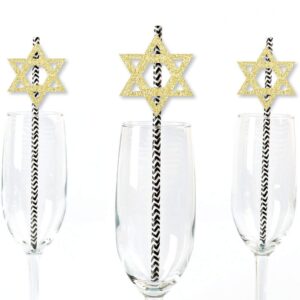 gold glitter star of david party straws - no-mess real gold glitter cut-outs & decorative hanukkah paper straws - set of 24