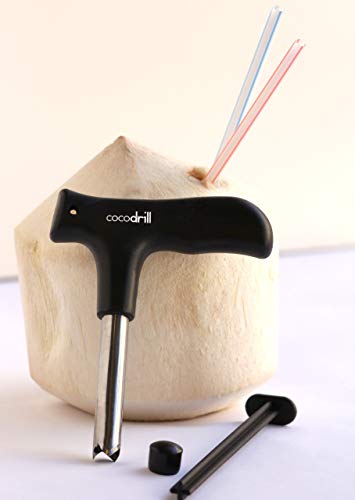 CocoDrill Coconut Opener Tool + Reusable Straw -COMBO PACK - Stainless Steel Drinking - 1 metal straw + Cleaner - Eco Friendly, SAFE, NON-TOXIC