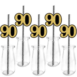 90th birthday straw decor paper, set of 24 gold glitter cut-out numbers cheers 90 years happy birthday anniversary party supplies drinking decoration