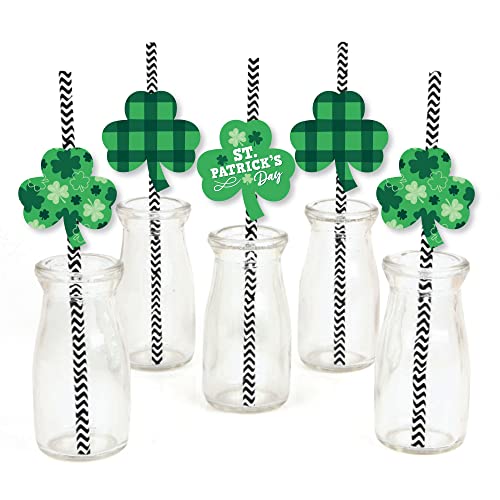 Big Dot of Happiness Shamrock St. Patrick’s Day - Paper Straw Decor - Saint Paddy’s Day Party Striped Decorative Straws - Set of 24