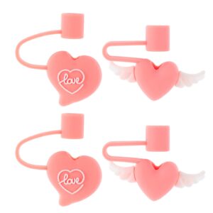 aboofan 4pcs straw tips cover silicone reusable dust-proof heart wing drinking straw tips lids plugs decorative straw cap party supplies(pink white)